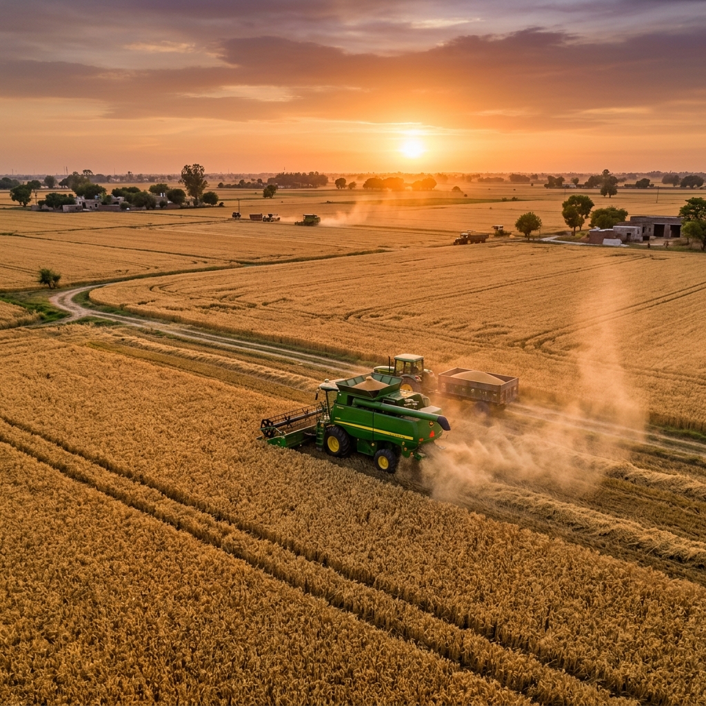 RAM 7000 harvesting wheat at sunset